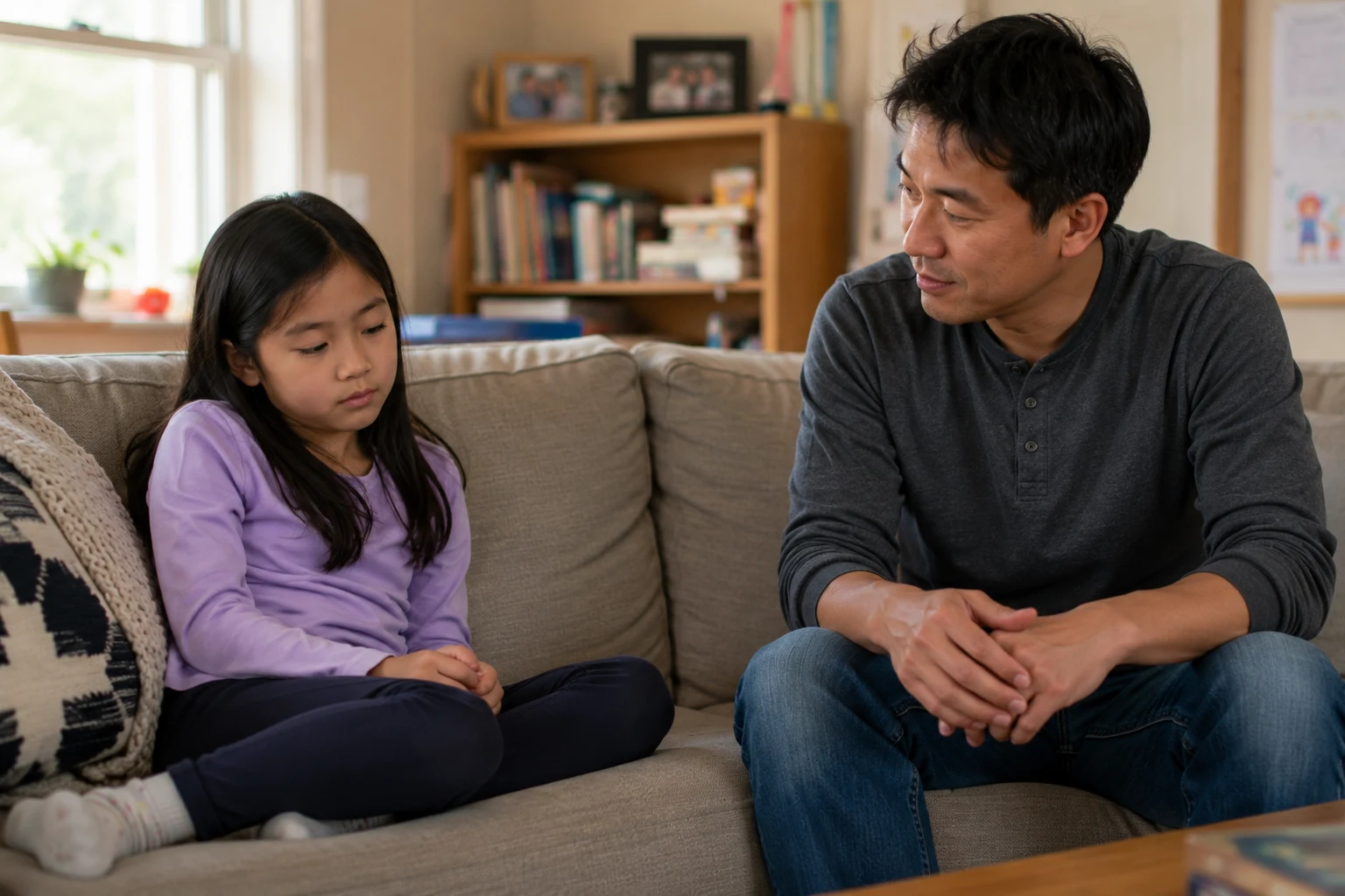 Father listening patiently to his daughter during a quiet family moment