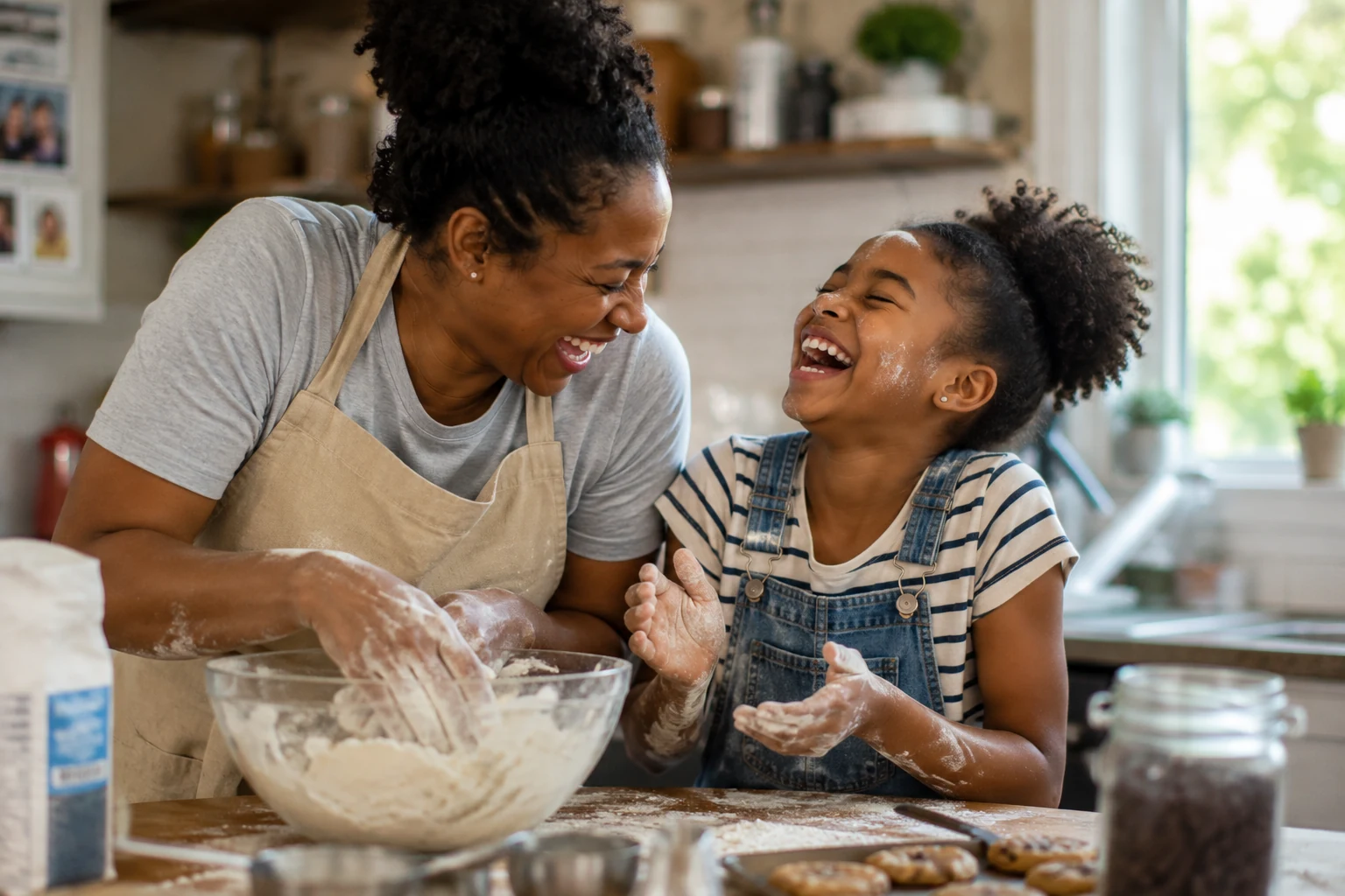 Mother and daughter laughing while baking together