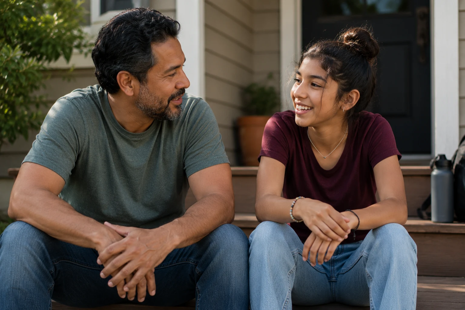 Father and teenage daughter having an easy conversation together