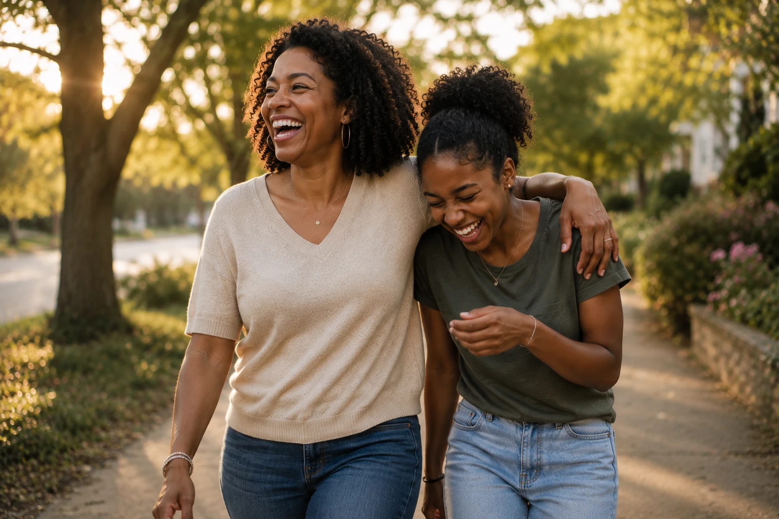 Mother and teenage daughter laughing together on a walk